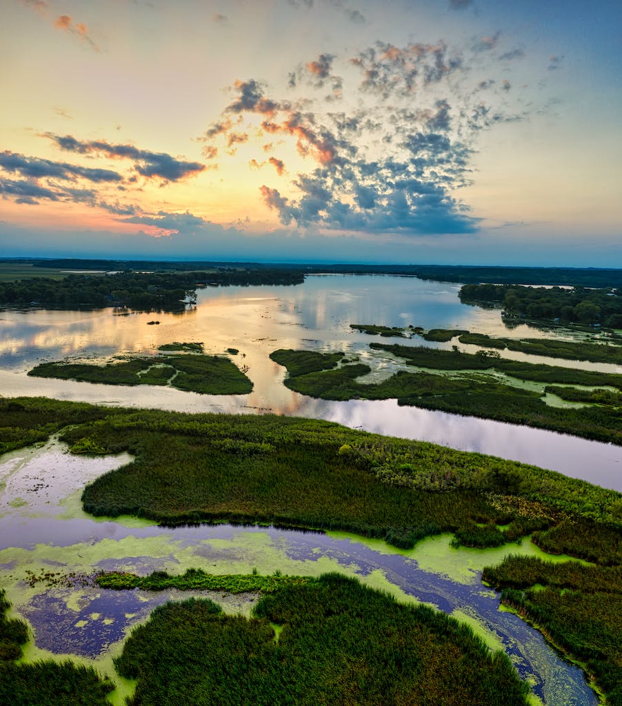 Green Grass Field Near Body of Water