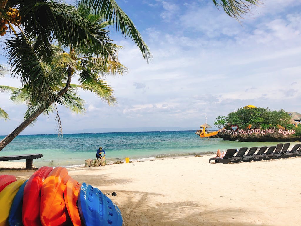 Man cleaning tropical sandy beach